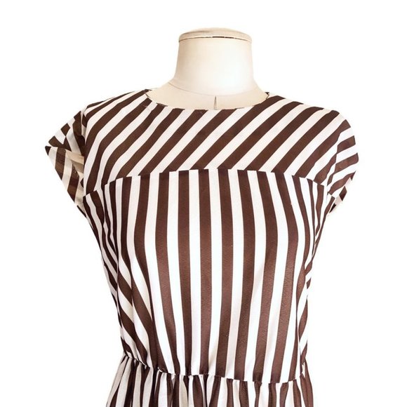 VTG 1970s Sheer Boho Prairie Brown & White Striped Union Made Ruffle Dress Small - Picture 2 of 9